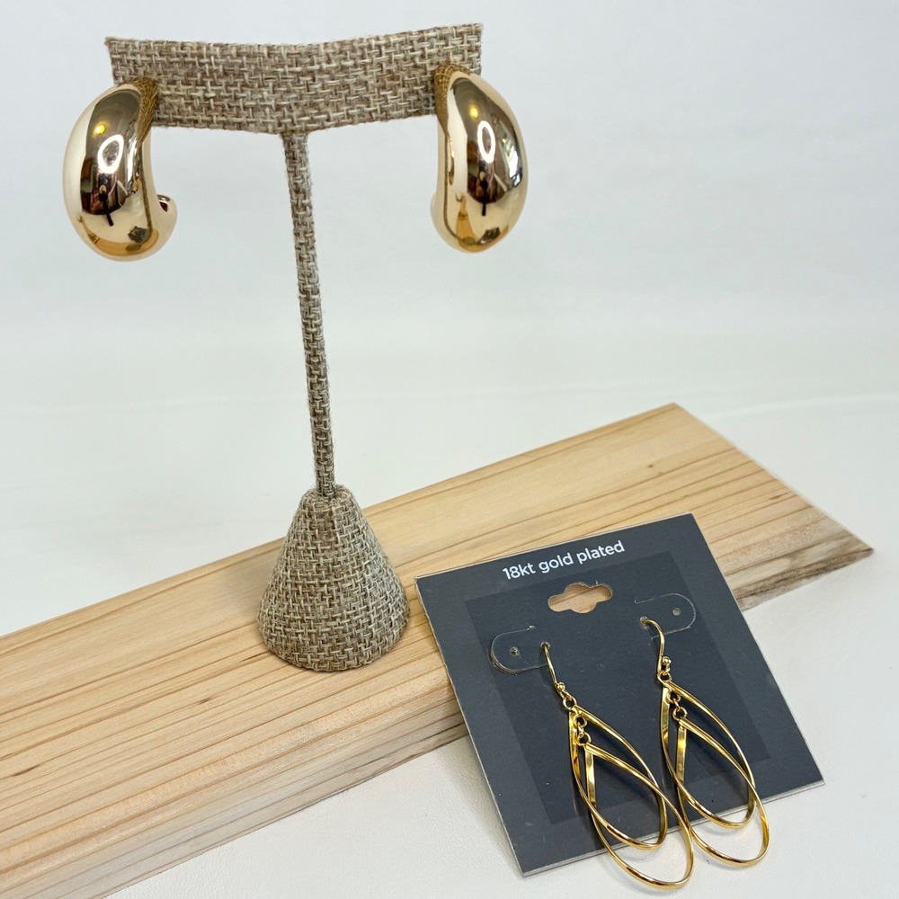 Earrings Set Gold Tone Chunky Crescent Hoops 18kt Gold Plated Teardrop Dangles